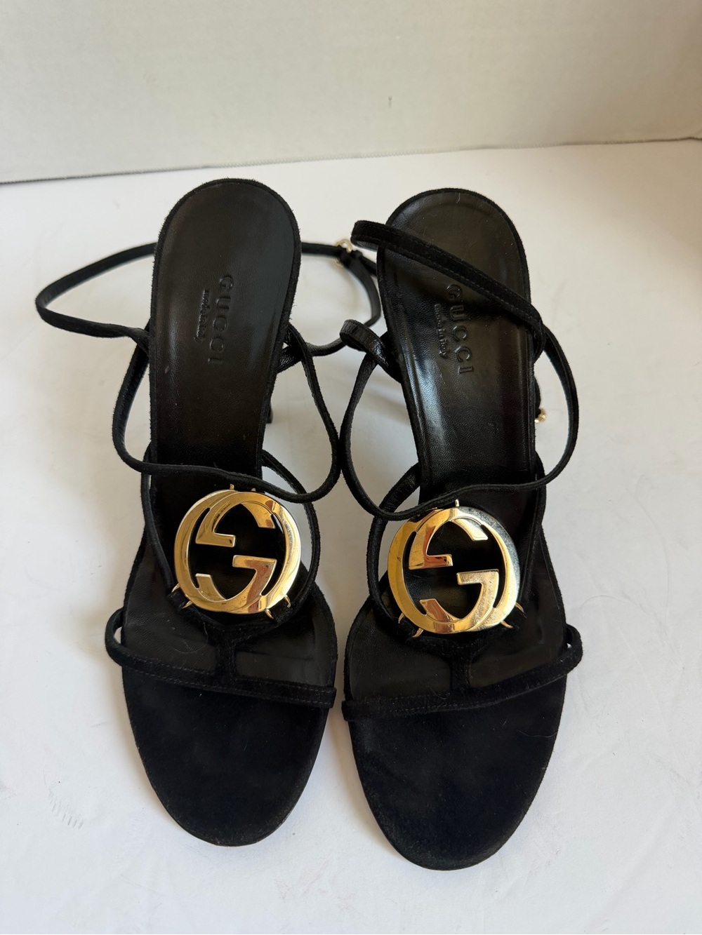 Gucci Black Suede Strappy Heels with Gold Interlocking G